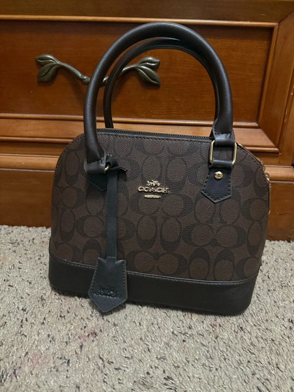 Coach Brown Signature Canvas Dome Satchel with Dark Leather Trim